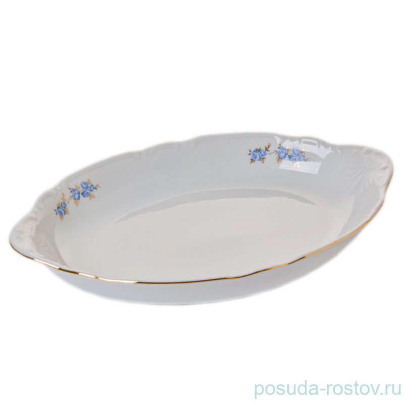 Блюдо 33 см овальное (глубокое) для хлеба "Констанция /Голубые розы /золото" / 051207