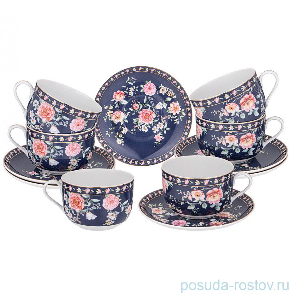 Набор чайных пар 285 мл 6 шт синие "Grace" / 287674