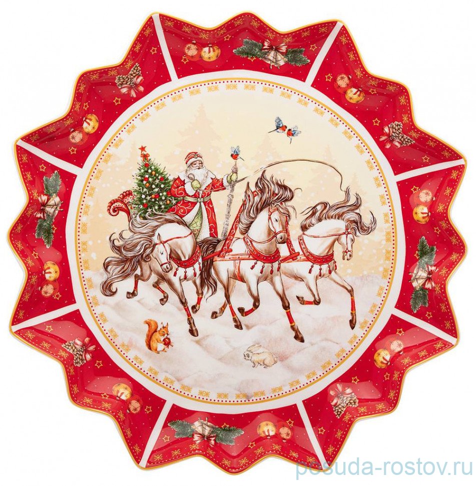 Блюдо 38 см круглое красное "С Новым годом! /Русская тройка" / 259737 Блюдо 38 см круглое красное "С Новым годом! /Русская тройка" / 259737
