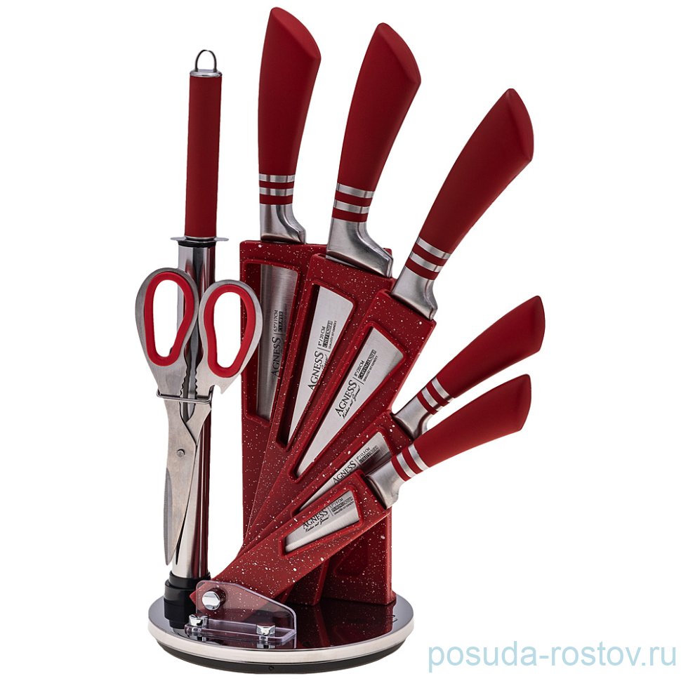 Набор кухонных ножей 6 предметов /ножницы, мусат /пластиковая подставка /красные ручки "agness" / 195928