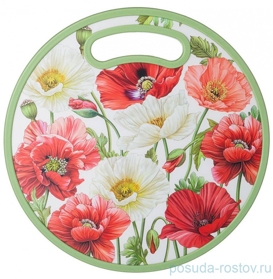 Разделочная доска 30 х 1,2 см круглая белая "маки" / 272785 Разделочная доска 30 х 1,2 см круглая белая "маки" / 272785