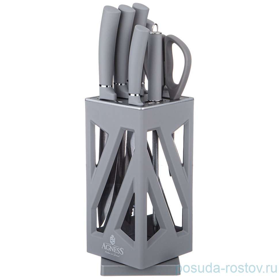 Набор кухонных ножей 8 предметов на пластиковой вращающейся подставке серые Agness / 341637