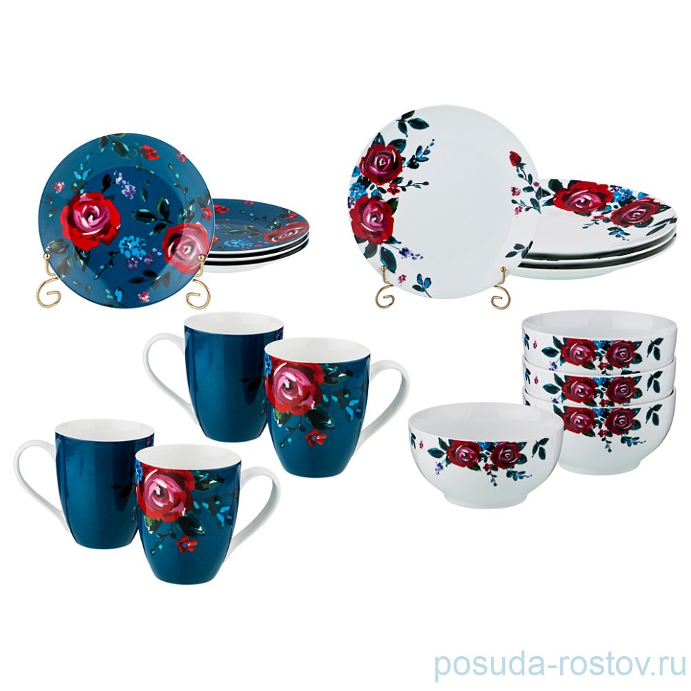 Столовый набор на 4 персоны 16 предметов "Розы /Бело-синяя" / 186247