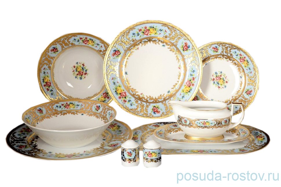 Столовый сервиз на 6 персон 25 предметов (без супника) "Вена /Розочки на голубом /с золотом" / 009670 Столовый сервиз на 6 персон 25 предметов (без супника) "Вена /Розочки на голубом /с золотом" / 009670