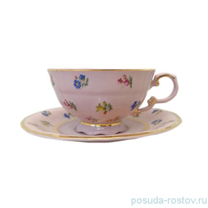 Набор чайных пар 200 мл 6 шт &quot;Соната /Мелкие цветы /золото&quot; розовая / 163514