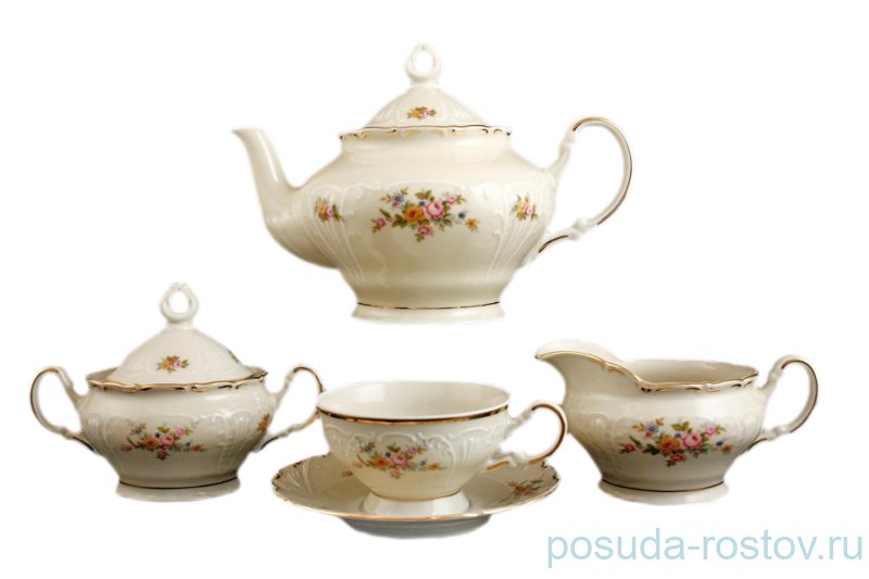 Чайный сервиз на 6 персон 15 предметов низкая чашка  Bohemia Porcelan Moritz Zdekauer 1810 s.r.o. "Лиана /Цветочный букет /СК" / 097716