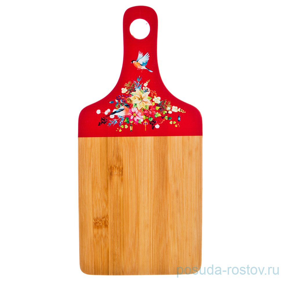 Доска разделочная 35 х 16 х 0,9 см с ручкой красная "Цветы и птичка /Agness" / 197696