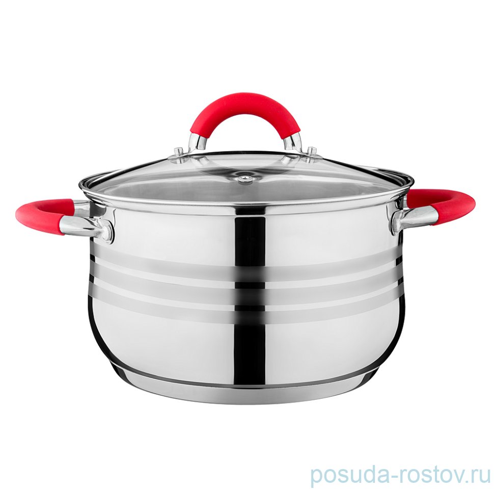 Кастрюля 24 х 13,5 см со стеклянной крышкой силиконовые ручки красные 6,1 л "Agness" / 196236