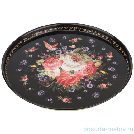 Поднос 33 х 2,1 см сервировочный чёрный &quot;Роскошный сад&quot; / 209784