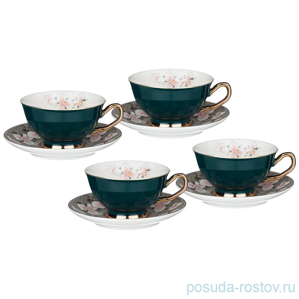Набор чайных пар 220 мл 4 шт зелёные "Цветы" / 233226