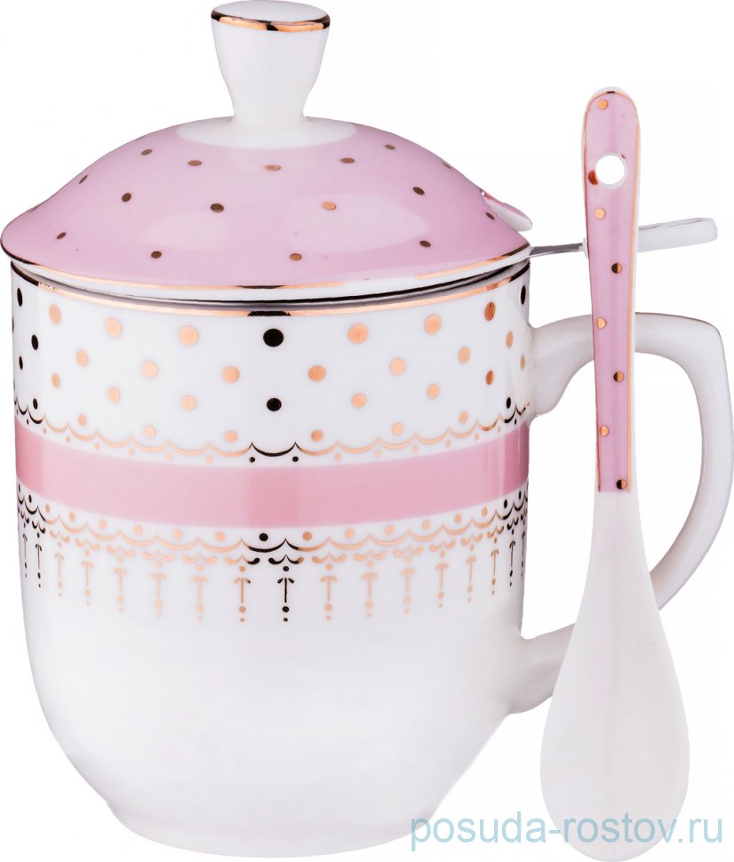 Кружка заварочная 320 мл с ложкой "Золотой горох на розовом" / 189670