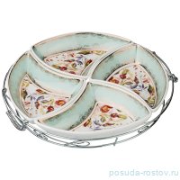 Менажница 28 см 4-х секционная на металлической подставке &quot;Шиповник /Минт /золото&quot; / 189684