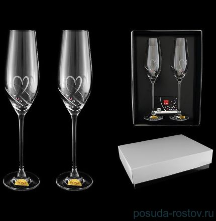 Бокалы для шампанского 210 мл 2 шт &quot;Сердце с кристаллами &quot; (розовый + прозрачный) алмазн. грань / 124814