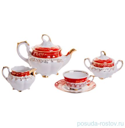 Чайный сервиз на 6 персон 15 предметов &quot;Мария /Красная с золотыми листиками&quot; (220 мл) / 043886