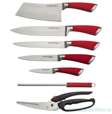 Набор кухонных ножей 8 предметов /пластиковая подставка /красные силиконовые ручки &quot;Agness&quot; / 195918