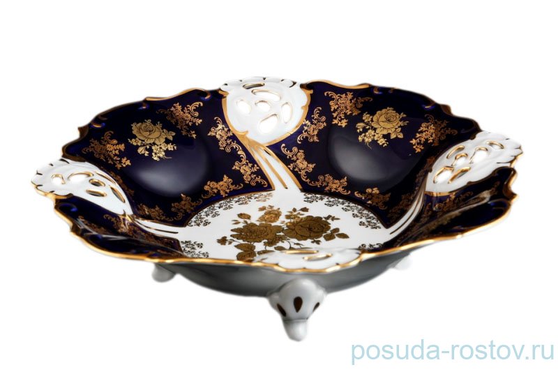 Фруктовница 32 см на 3-х ножках Барбарина  Bohemia Porcelan Moritz Zdekauer 1810 s.r.o. "Офелия /Золотые розы /Кобальт" / 057284
