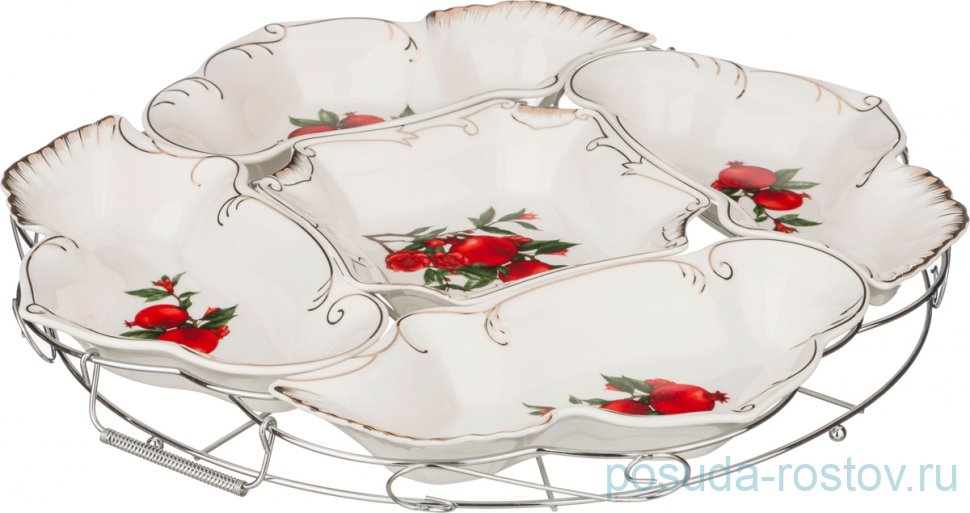 Менажница 40 см 5-ти секционная на металлической подставке "гранаты" / 202701 Менажница 40 см 5-ти секционная на металлической подставке "гранаты" / 202701