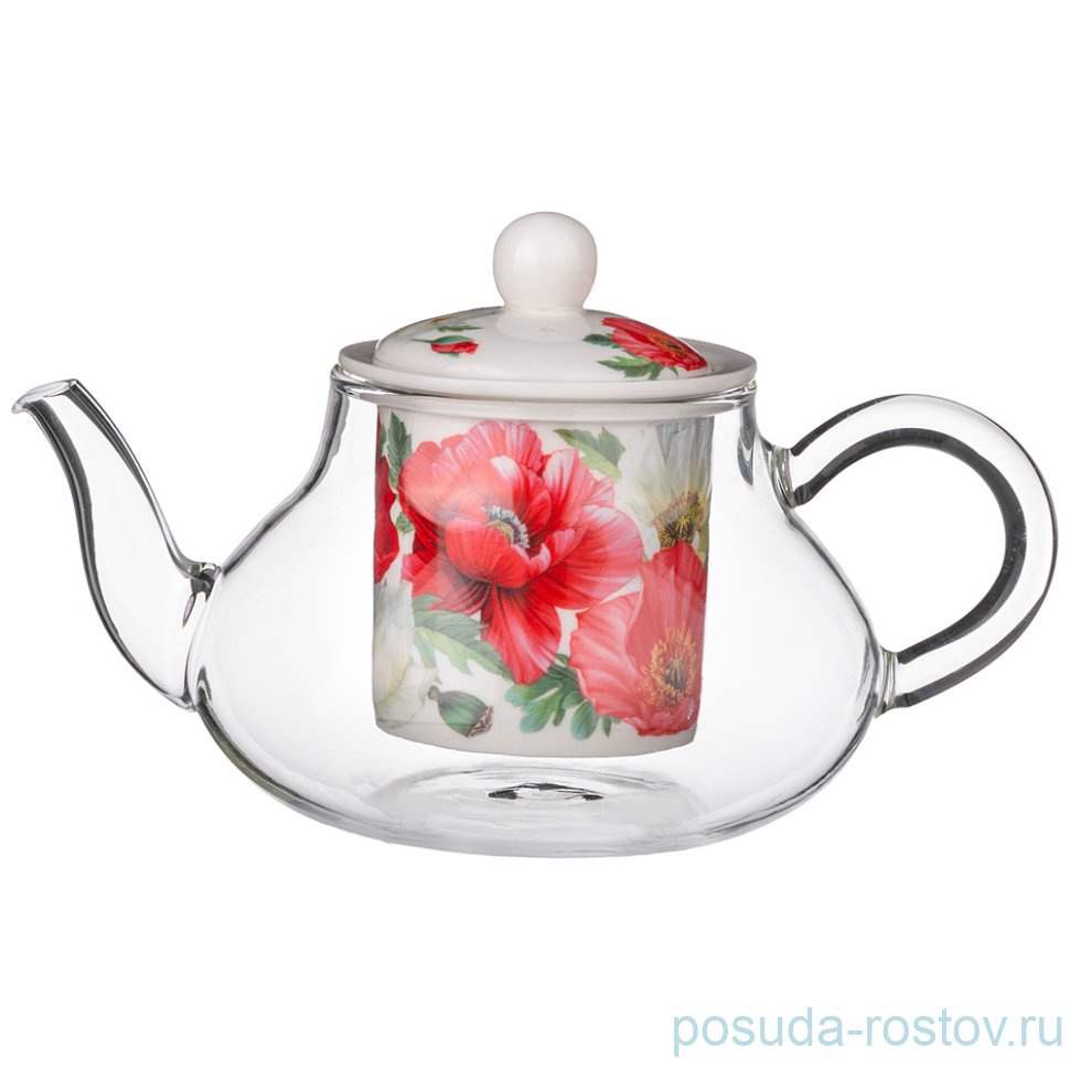 Заварочный чайник 500 мл стеклянный с ситом белый "маки" / 254054