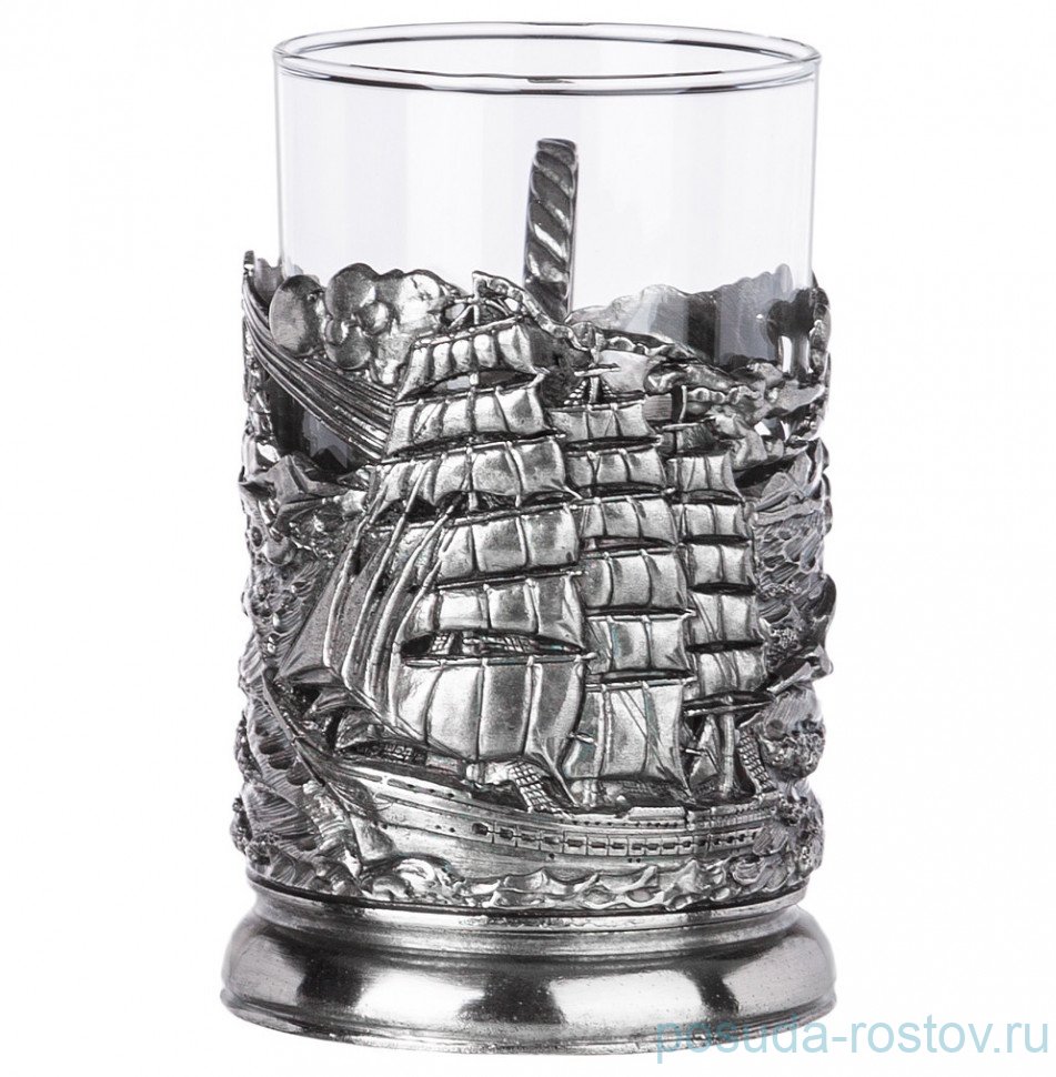 Стакан для чая 250 мл с подстаканником "парусник" /посеребрение / 299113 Стакан для чая 250 мл с подстаканником "парусник" /посеребрение / 299113