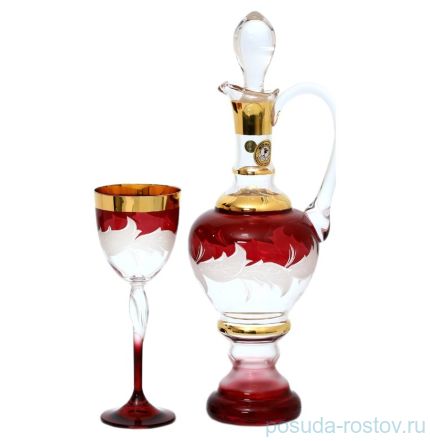 Набор для вина 7 предметов (графин + 6 бокалов) &quot;Матовые листики/Золото на красном&quot; E-V / 134757