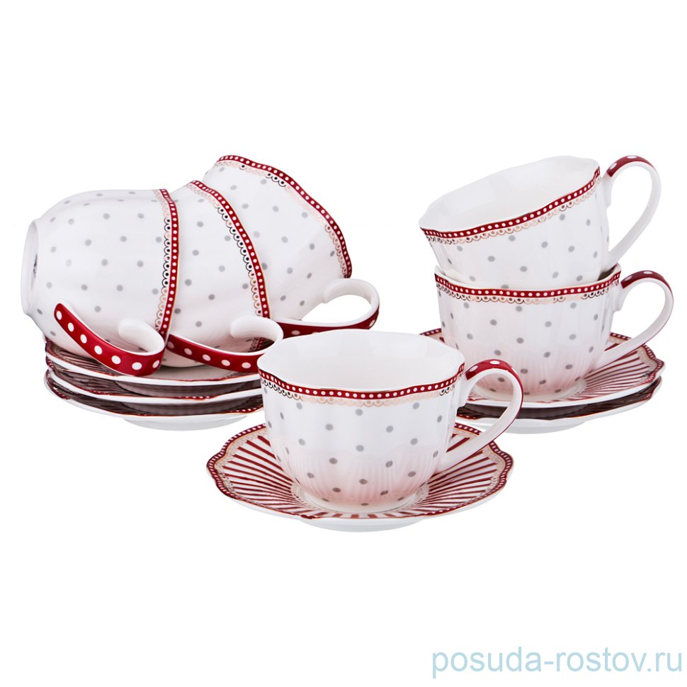Набор чайных пар 250 мл 6 шт "горох /красная окантовка" / 189721 Набор чайных пар 250 мл 6 шт "горох /красная окантовка" / 189721