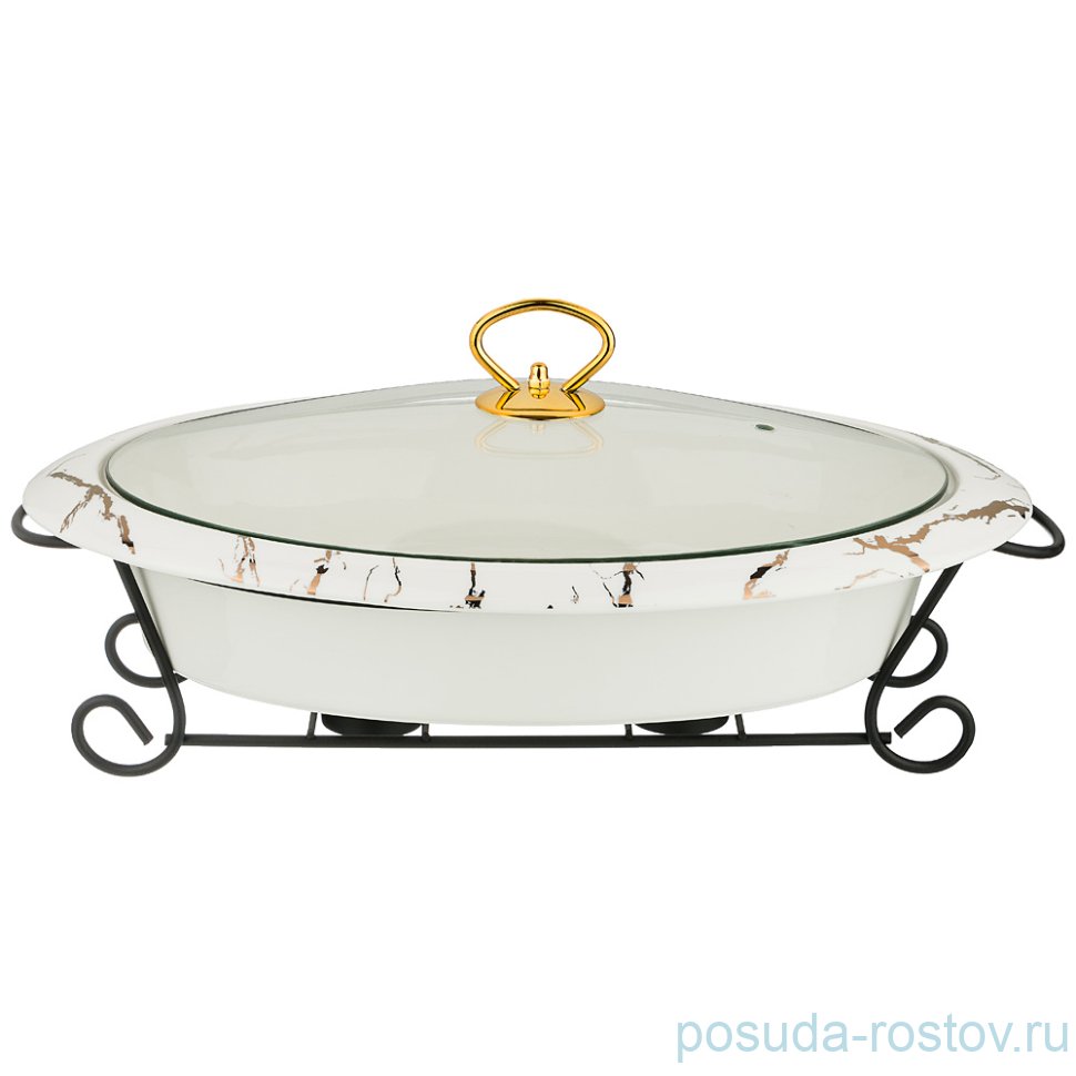 Мармит 40 х 26 х 11,5 см со стеклянной крышкой на металлической подставке 2,3 л "Fantasy /Белое" / 206078