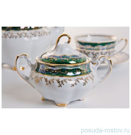 Чайный сервиз на 6 персон 15 предметов &quot;Мария /Зелёная с золотыми листиками&quot; (220 мл) / 038626