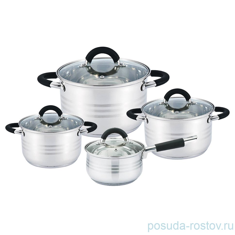 Набор посуды 8 предметов (1,9/2,9/3,9/7 л) со стеклянными крышками силиконовые ручки чёрные "Agness" / 196256