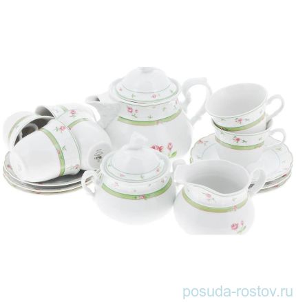 Чайный сервиз на 6 персон 15 предметов &quot;Менуэт /Роза /зеленая отводка&quot; / 159282