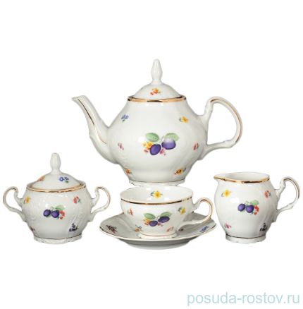 Чайный сервиз на 6 персон 15 предметов низкая чашка &quot;Бернадотт /Сливы&quot; / 023799