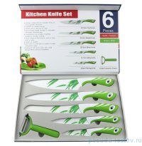 Набор ножей для кухни 5 шт (9, 13, 20, 20, 20 см и овощечистка) зелёно-белые, керам. покрытие / 075529