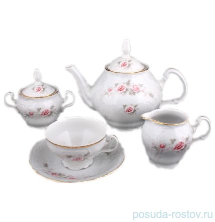 Чайный сервиз на 6 персон 15 предметов низкая чашка увеличенная руч. &quot;Бернадотт /Серая роза /золото&quot; / 100085