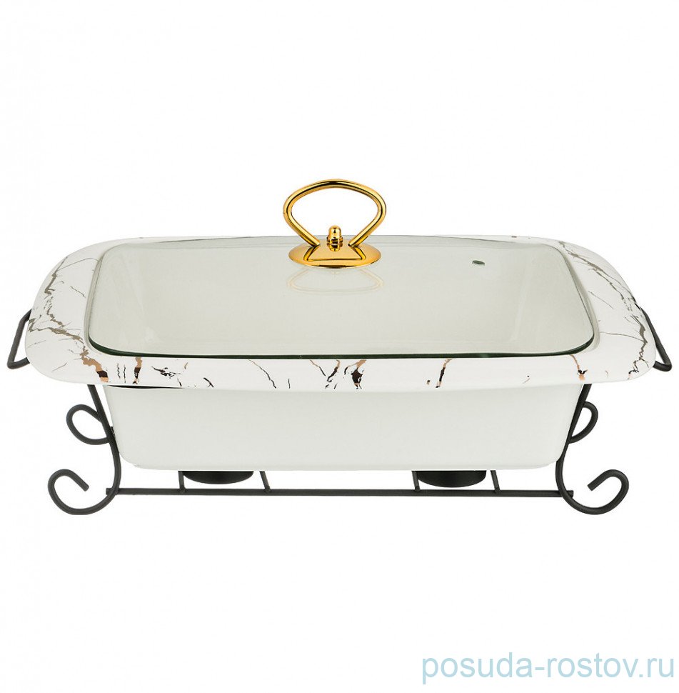 Мармит 35 х 24 х 11 см со стеклянной крышкой на металлической подставке 2 л "Fantasy /Белое" / 206076