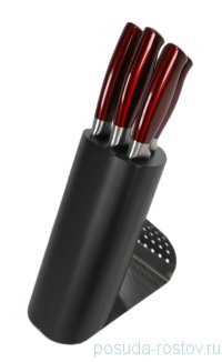 Набор кухонных ножей 5 шт (8, 12, 20, 20, 20 см) красная ручка, на деревян.подставке / 075531