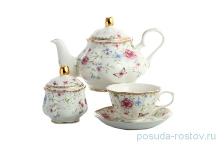 Чайный сервиз на 6 персон 14 предметов (без молочника) &quot;Цветы и бабочка&quot; / 140036