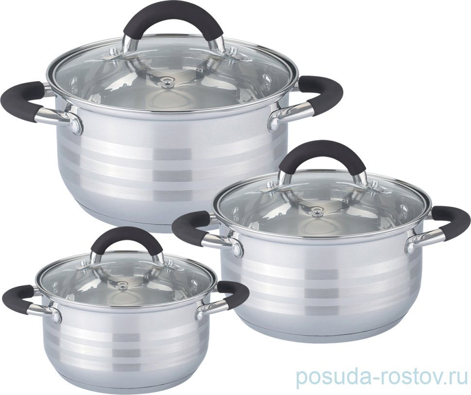 Набор кастрюль 6 предметов (1,9/3,9/8,5 л) со стеклянными крышками силиконовые ручки "agness" / 196255
