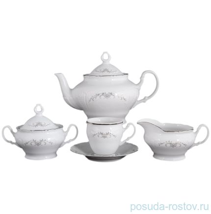 Чайный сервиз на 6 персон 15 предметов высокая чашка &quot;Лиана /Серый орнамент /отводка платина&quot; / 087849