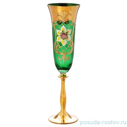 Бокалы для шампанского 190 мл 6 шт &quot;Анжела /Лепка зелёная 2/AS Crystal&quot; золотая ножка / 166034