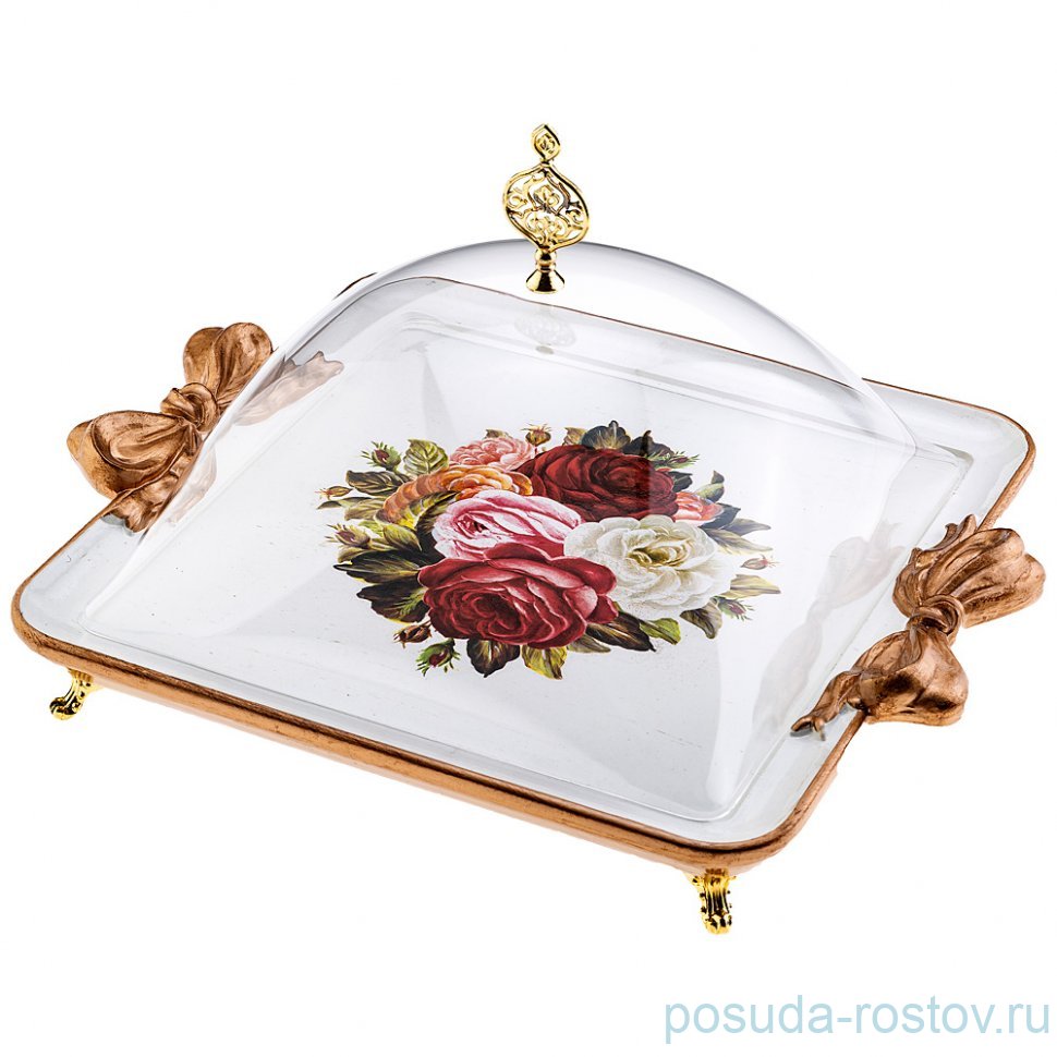 Блюдо 48 х 40 х 18 см с крышкой квадратное "Розы" / 186624