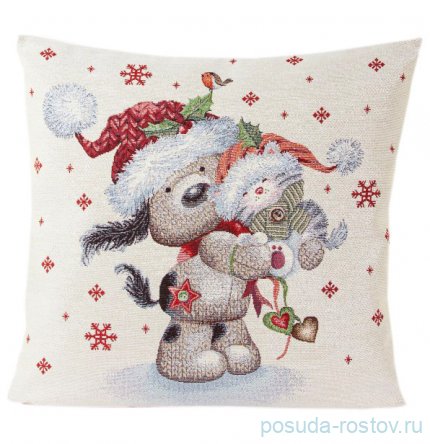 Наволочка 45 х 45 см, с серебристым люрексом &quot;Вязаный дружок и котенок&quot; / 299176
