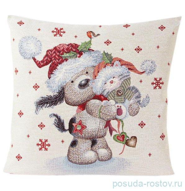 Наволочка 45 х 45 см, с серебристым люрексом "Вязаный дружок и котенок" / 299176