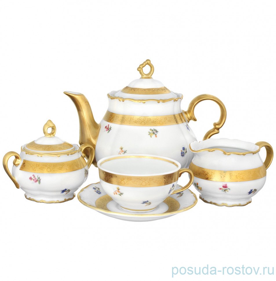 Чайный сервиз на 6 персон 15 предметов "Офелия /Мелкие цветы /золото /3052" / 308220
