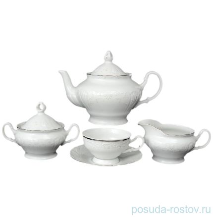 Чайный сервиз на 6 персон 15 предметов низкая чашка &quot;Лиана /Платиновый узор&quot; / 051029