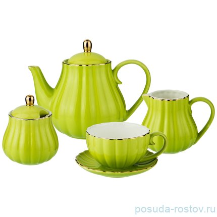Чайный сервиз на 6 персон 15 предметов &quot;Салатный /Золото&quot; / 186991