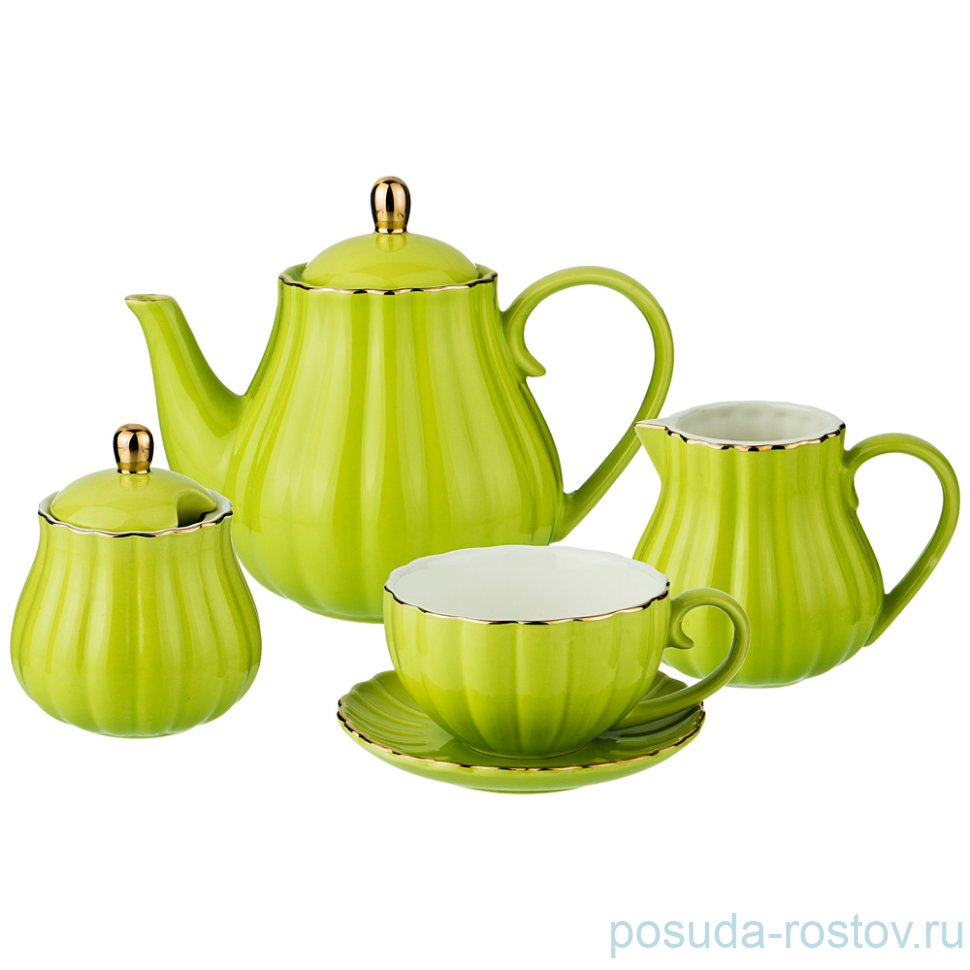 Чайный сервиз на 6 персон 15 предметов "Салатный /Золото" / 186991