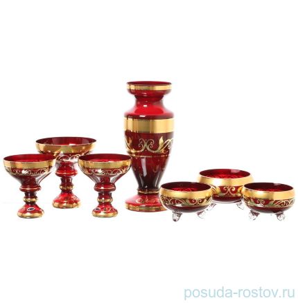 Набор конфетниц с вазой для цветов 7 предметов красные &quot;Лепка /Матовая полоса /золото&quot; SC / 139074