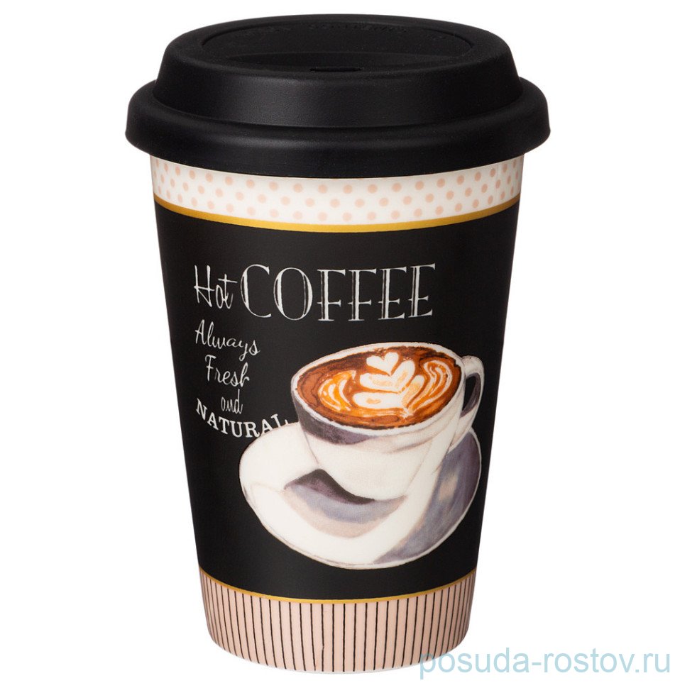 Кружка 390 мл с силиконовой крышкой и ободком чёрная "Coffemania" / 279664 Кружка 390 мл с силиконовой крышкой и ободком чёрная "Coffemania" / 279664