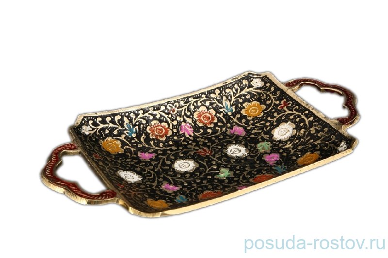 Блюдо прямоугольное с ручками латунь/цветная эмаль "Раджестан" / 045390