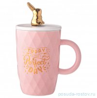 Кружка 390 мл с крышкой и ложкой розовая &quot;bunny&quot; / 322962
