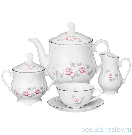 Чайный сервиз на 6 персон 15 предметов &quot;Рококо /Серая роза /платина&quot; (220 мл) / 109875